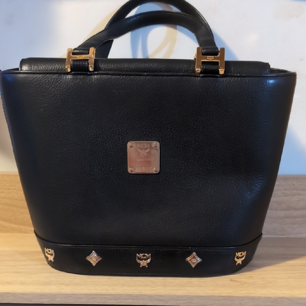 MCM Black Leather Structured Top-Handle Shoulder Bag with Gold Hardware